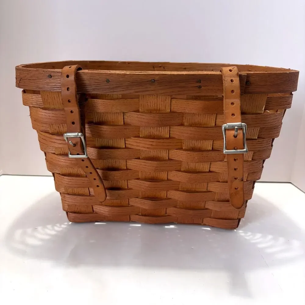 Peterboro Basket Co Bicycle Basket Leather Straps Woven Ash Wood Made USA